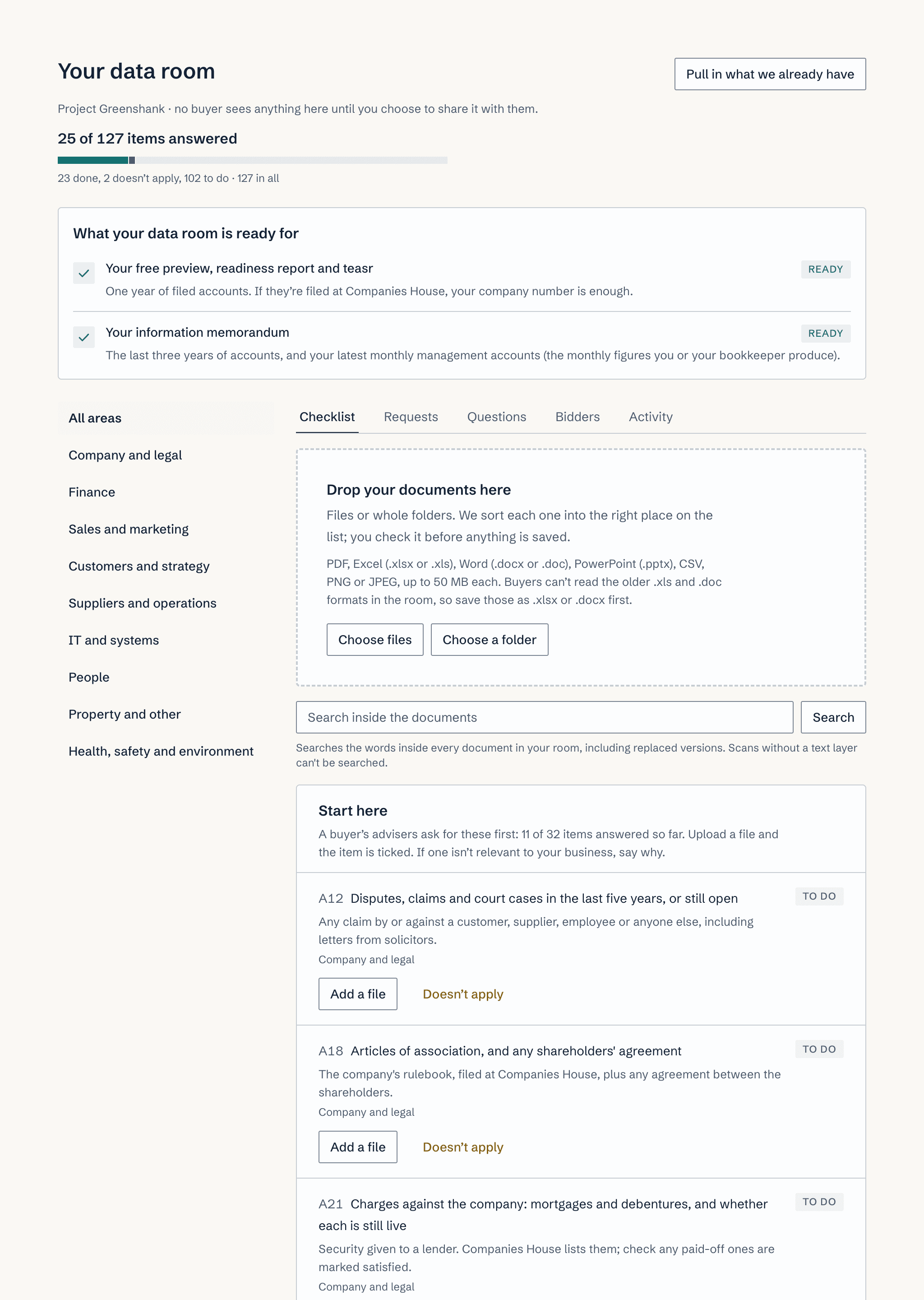 The seller's data room for Project Greenshank, part-way filled: how many items are answered, what the room is ready for (the teasr and the information memorandum, both ticked), a drop zone for documents, search inside them, and the items a buyer's advisers ask for first